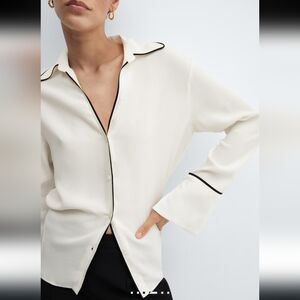 Mango White Long Sleeve Button Down Shirt with Notched Collar With A Black Trim